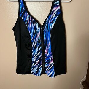 Swimsuits For All Black and Blue Zip-Front Swim Top